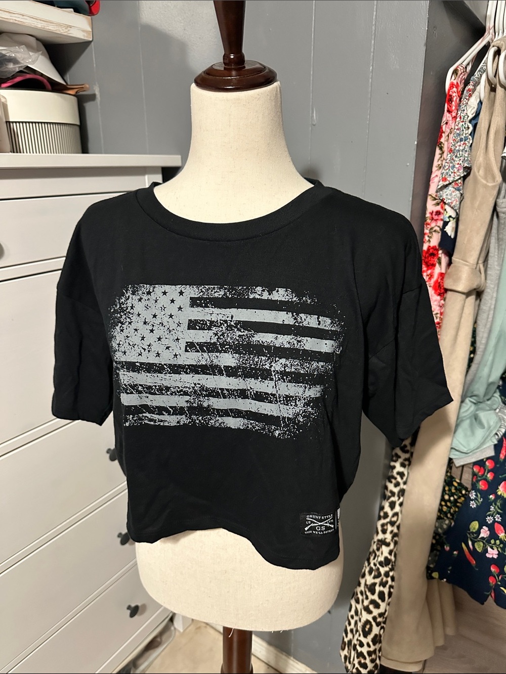 Grunt Style Black Tee with Distressed Gray Flag